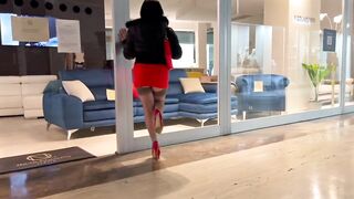 Red heels and nylons in public